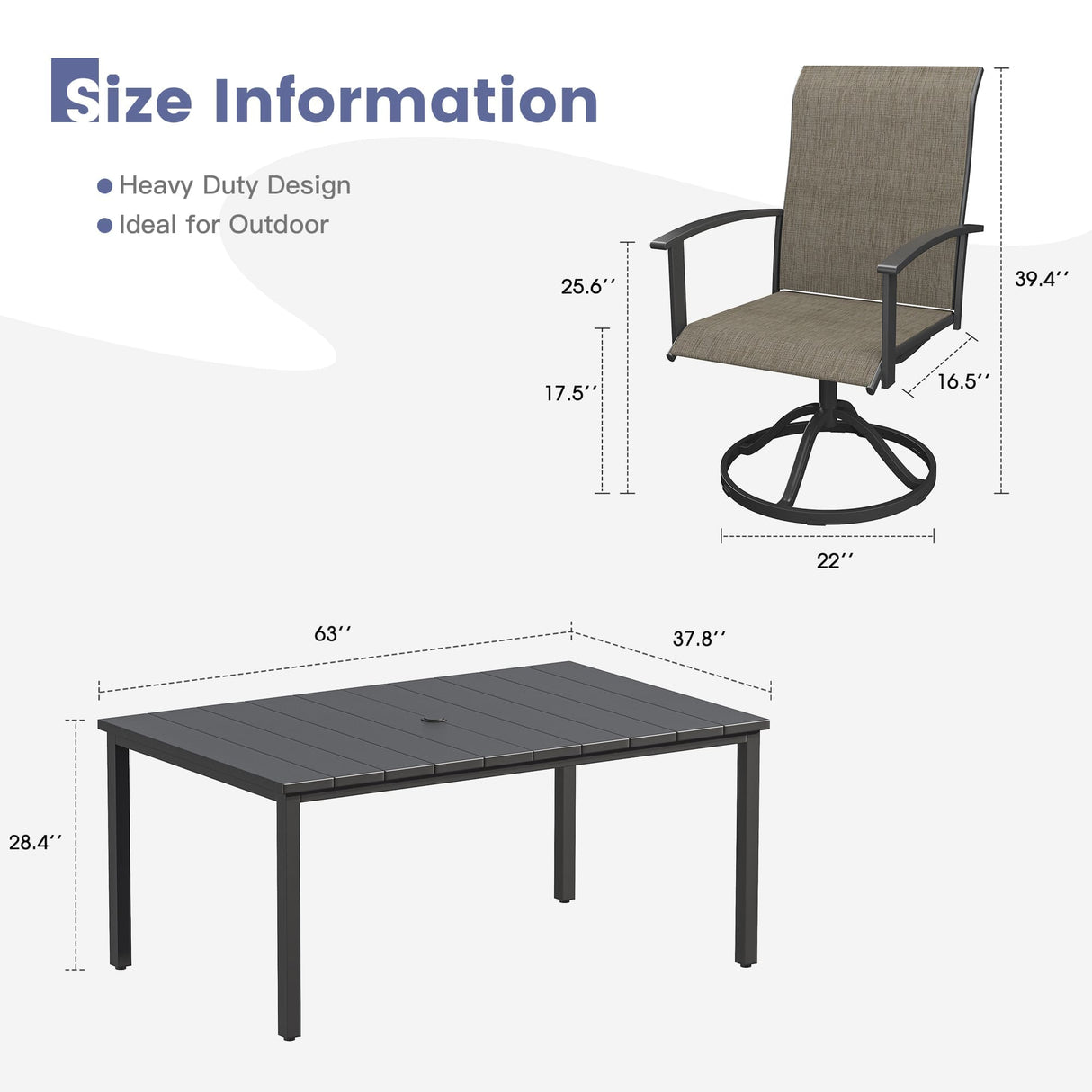 Vicllax 7 pcs Outdoor Dining Set, Rectangular Metal Table and 6 Textilene Swivel Dining Chairs