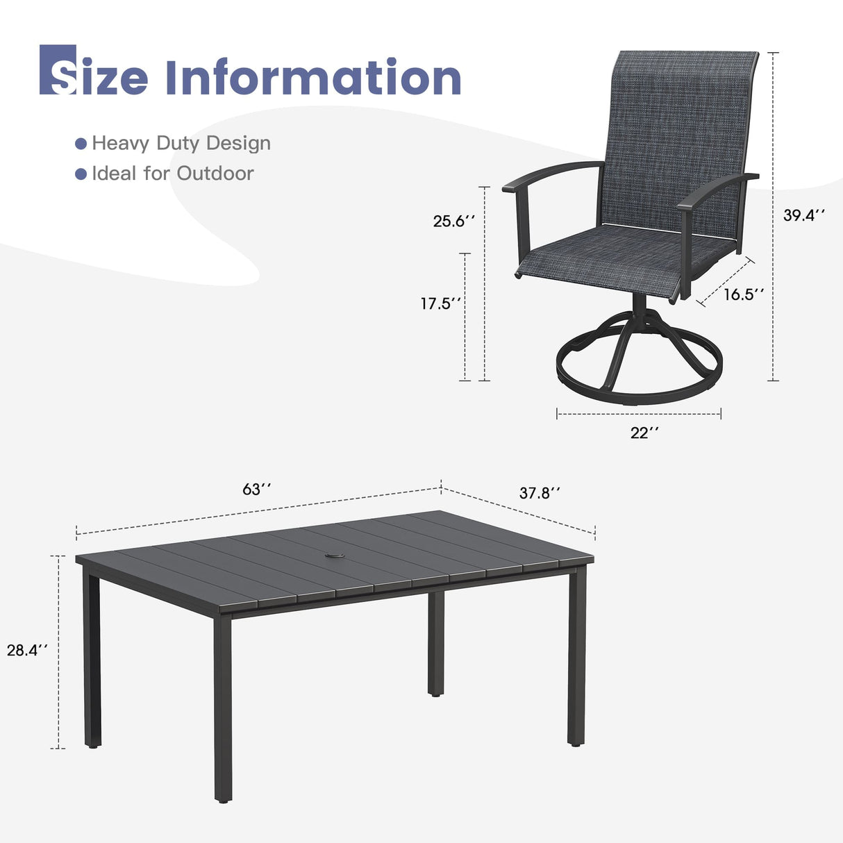 Vicllax 7 pcs Outdoor Dining Set, Rectangular Metal Table and 6 Textilene Swivel Dining Chairs