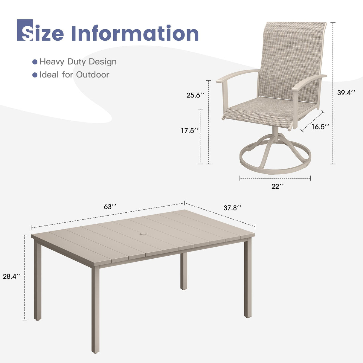 Vicllax 7 pcs Outdoor Dining Set, Rectangular Metal Table and 6 Textilene Swivel Dining Chairs