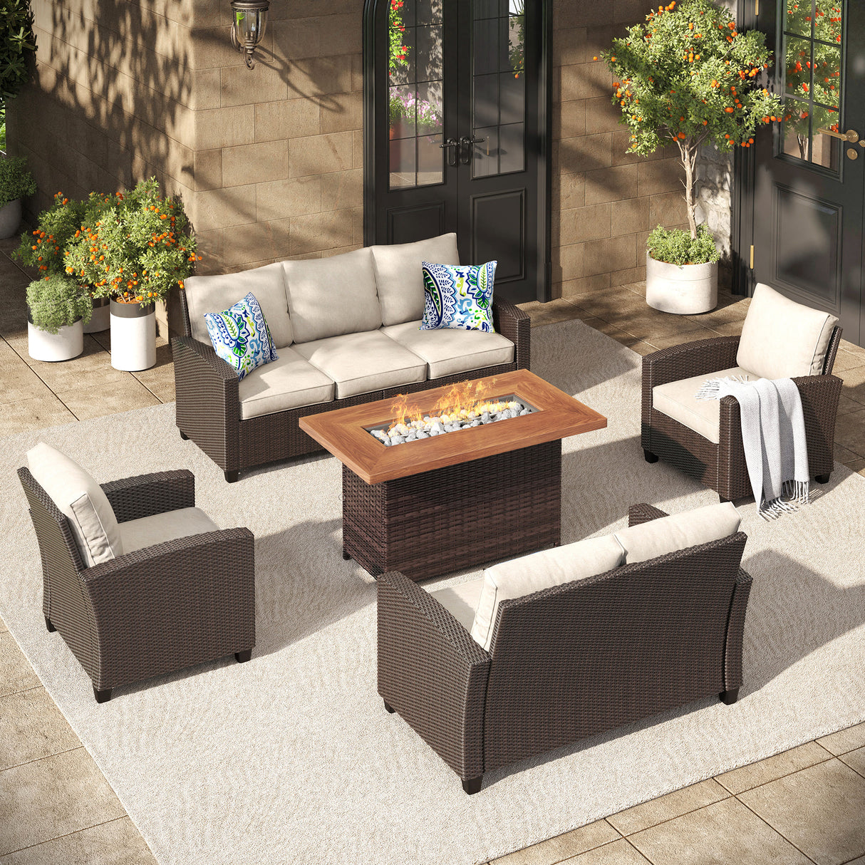Vicllax Outdoor 5-Piece Wicker Sofa Set with Wicker Fire Table