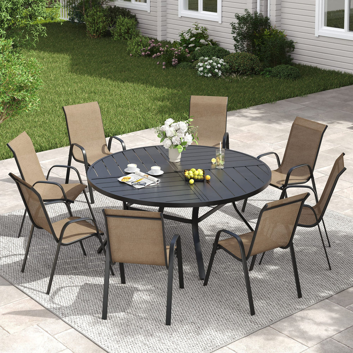Vicllax 9 PCS Patio Dining Table Set, 53" Round Metal Table and Horizon Stackable Chair