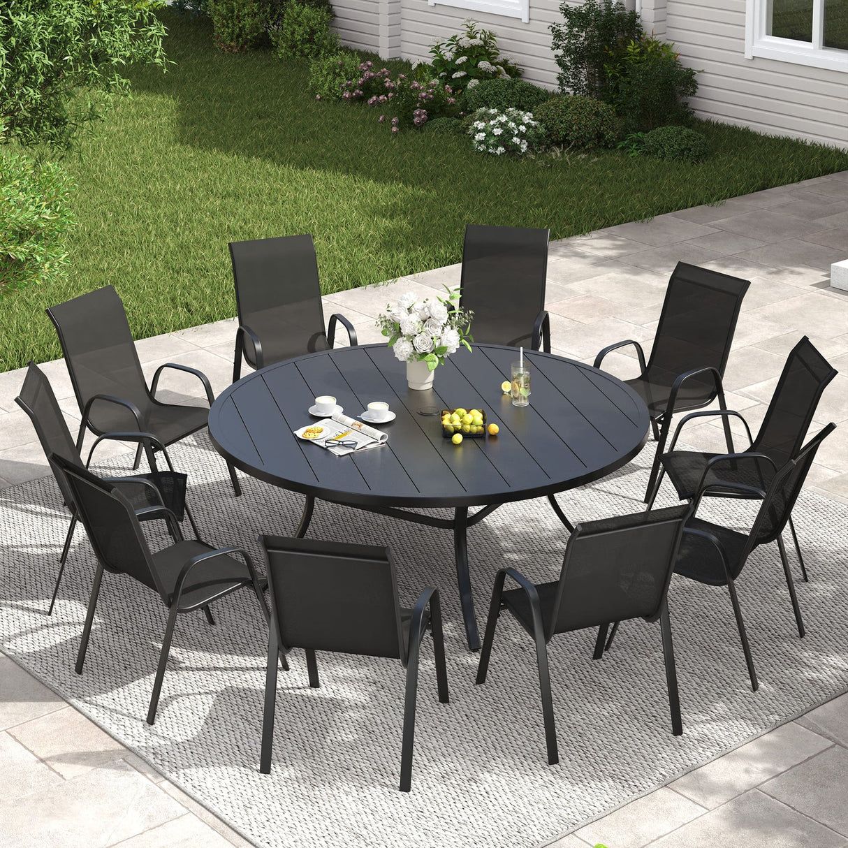 Vicllax 11 PCS Patio Dining Table Set, 60" Round Metal Table and Horizon Stackable Chair