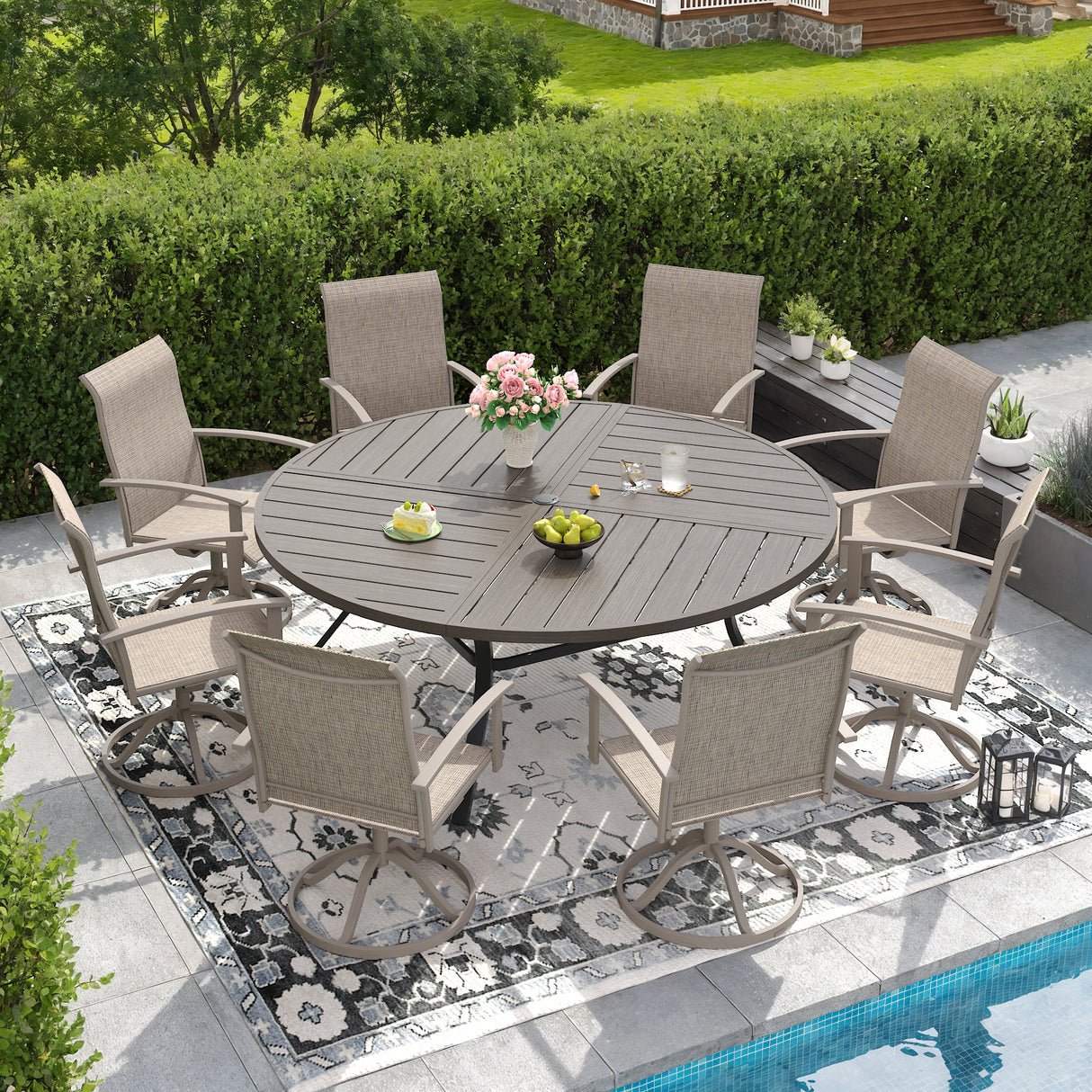 VICLLAX 9-pcs Outdoor Dining Set, 63” Round Metal Table with Umbrella Hole & 8 Swivel Textilene Chairs