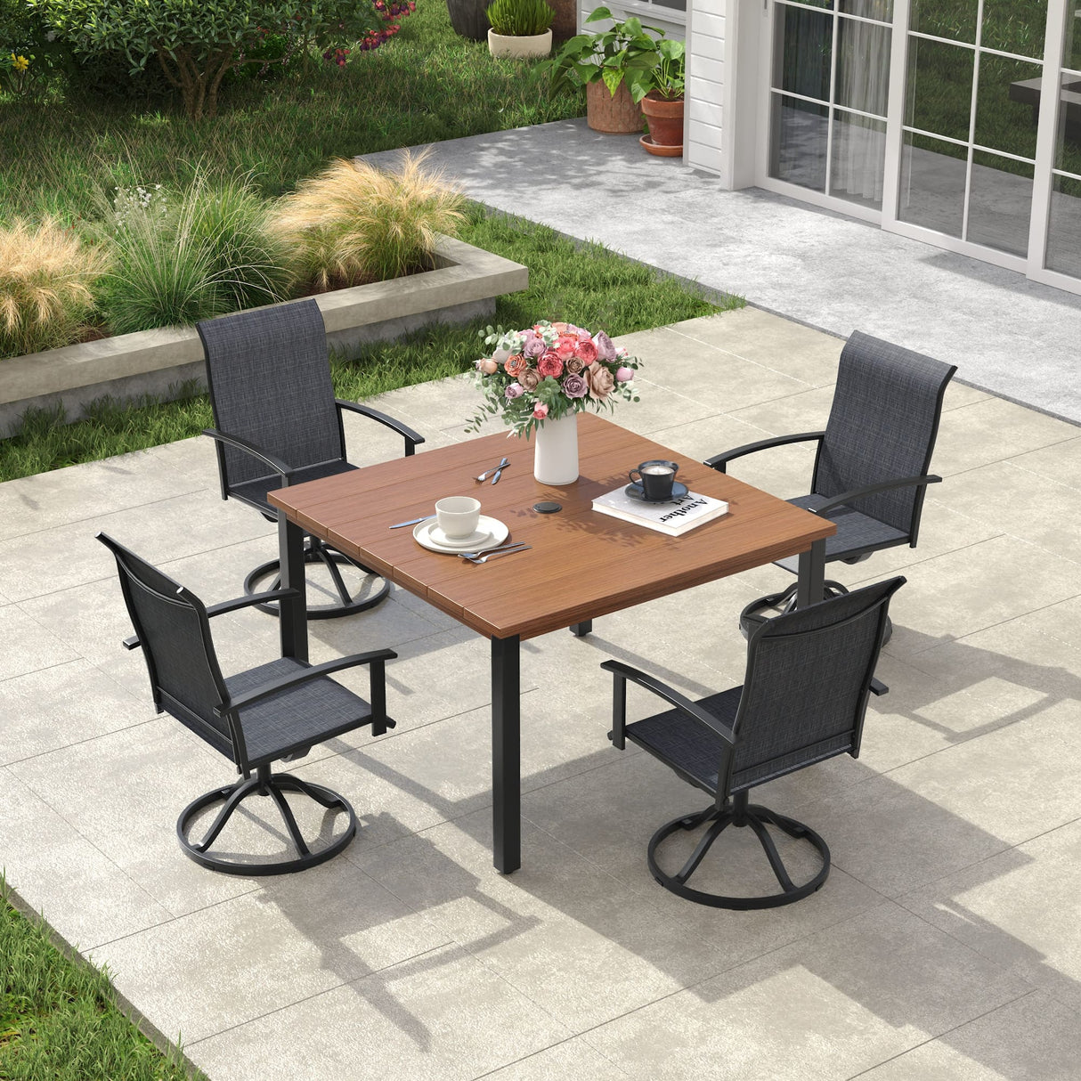 Vicllax 5pcs Outdoor Dining Set, Square Metal Table and 4 Textilene Swivel Chairs