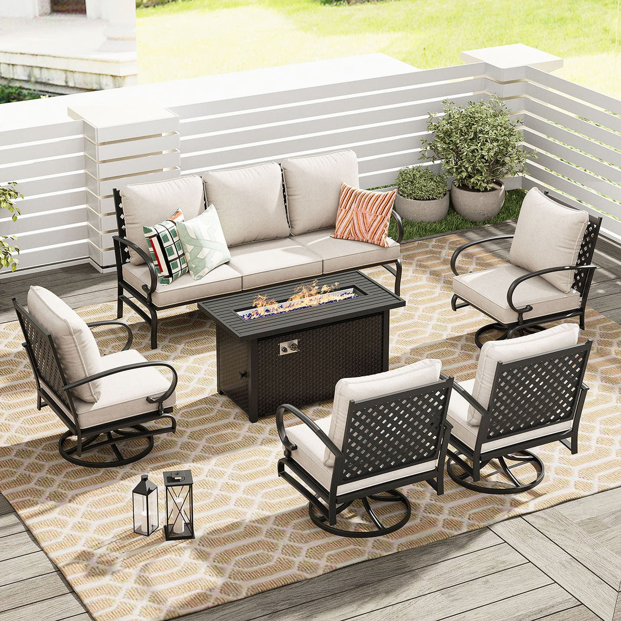 Vicllax 6-Piece Outdoor Patio Conversation Sofa Set with Cushioned Sofa Chairs and Metal Rectangular Fire Pit