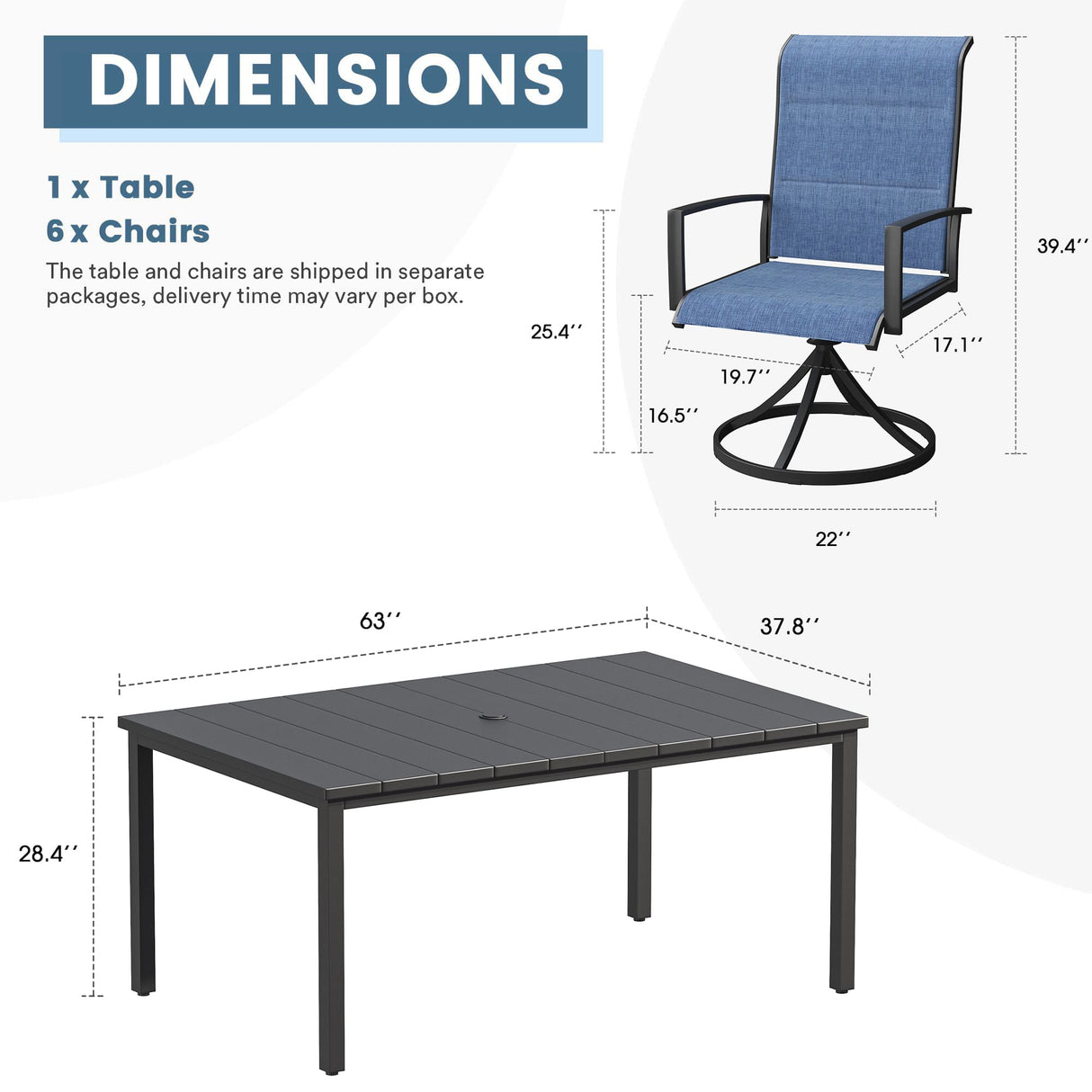 Vicllax 7 Pieces Outdoor Dining Set with Rectangular Dining Table and Padded Swivel Chairs