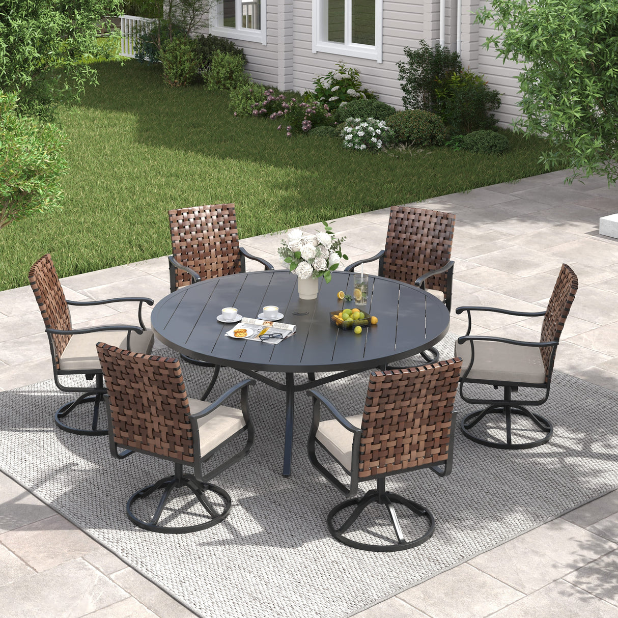 Vicllax 7 PCS Patio Dining Table Set, 53" Round Metal Table and Sienna Swivel Chairs