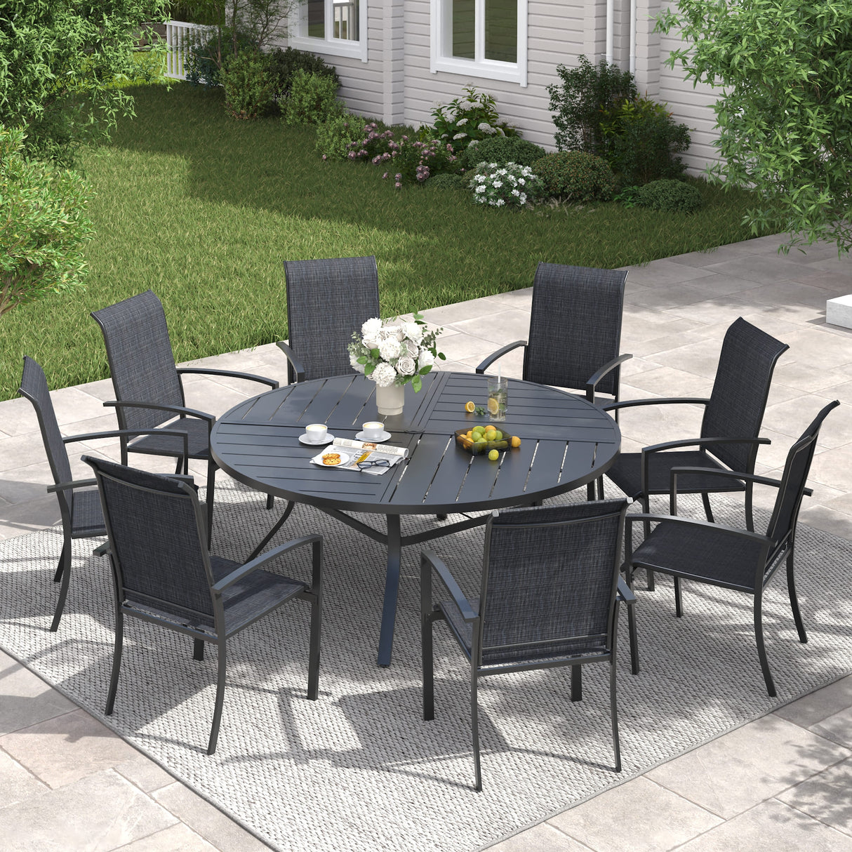 Vicllax 9 PCS Patio Dining Table Set, 53" Round Metal Table with Shelf and Skyline Stackable Chair
