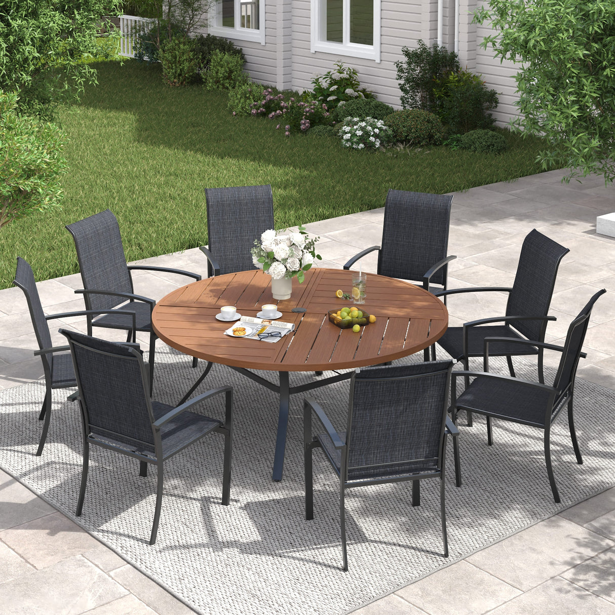 Vicllax 9 PCS Patio Dining Table Set, 53" Round Metal Table with Shelf and Skyline Stackable Chair