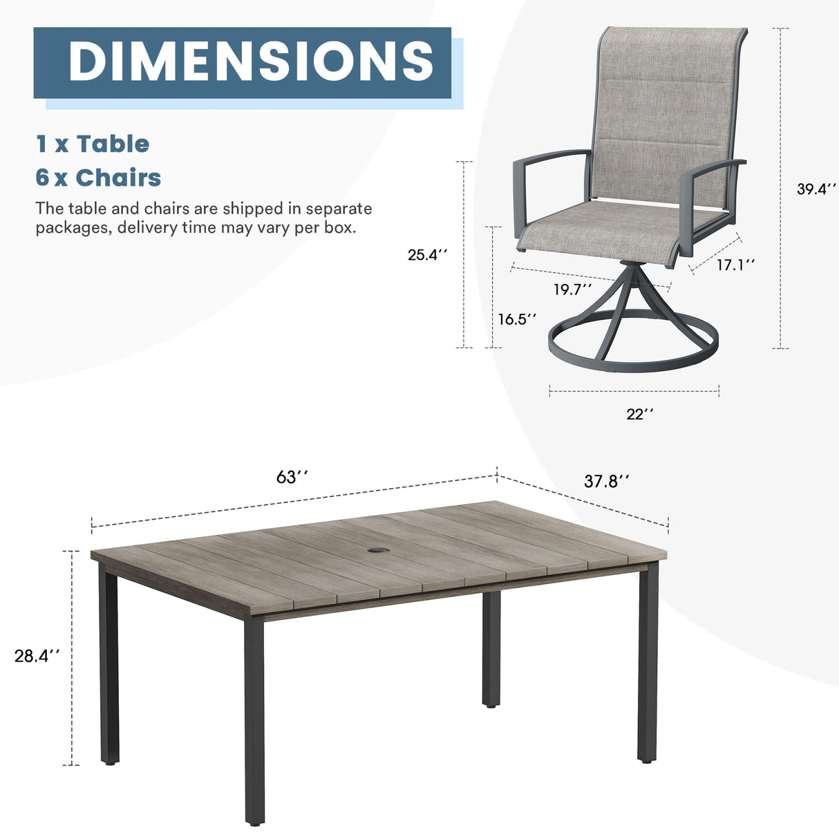 Vicllax 7 Pieces Outdoor Dining Set with Rectangular Dining Table and Padded Swivel Chairs