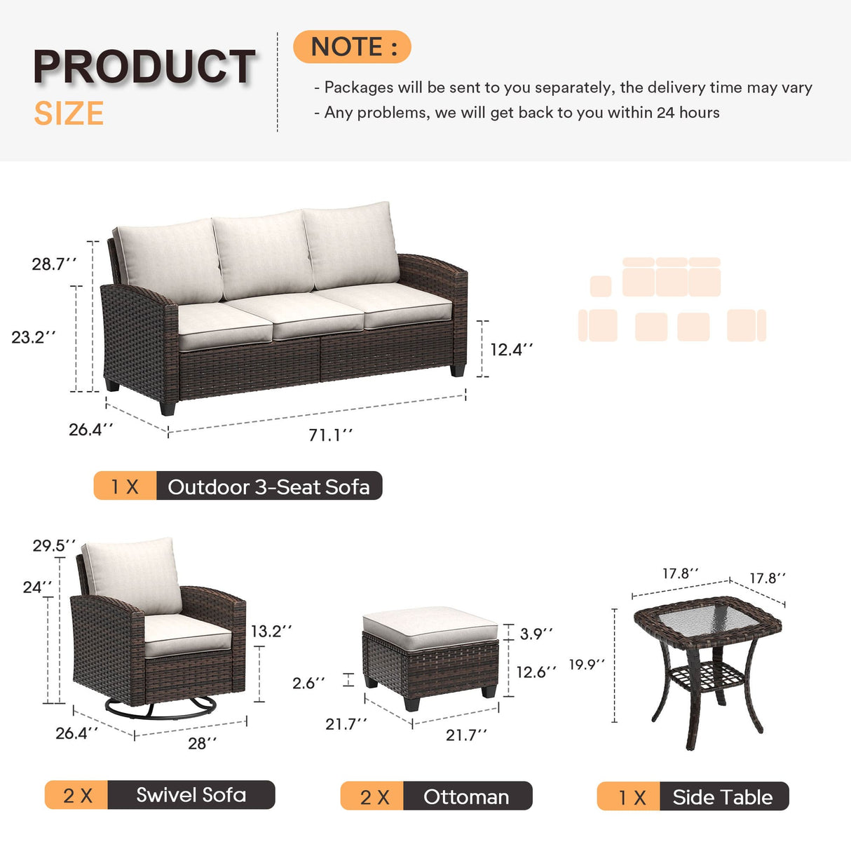 VICLLAX Versatile Wicker Patio Set: 5 Seater with Fire Table/Ottoman