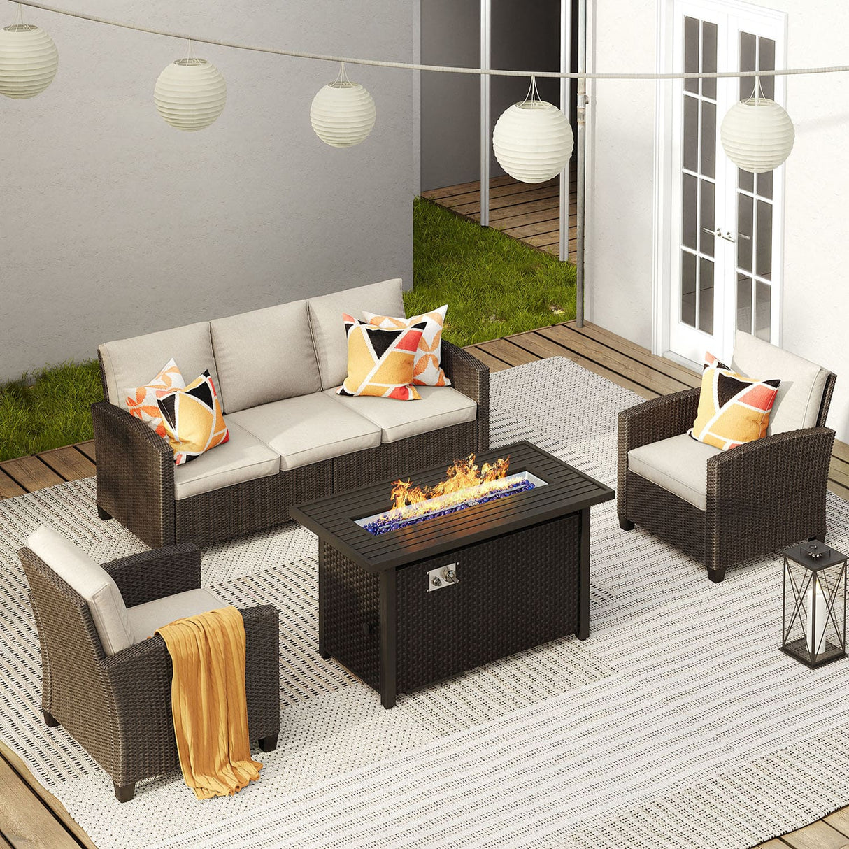 Vicllax Patio Furniture Set, Wicker Outdoor Conversation Set with Cushioned Sofa Chairs Fire Pit Table and Ottomans