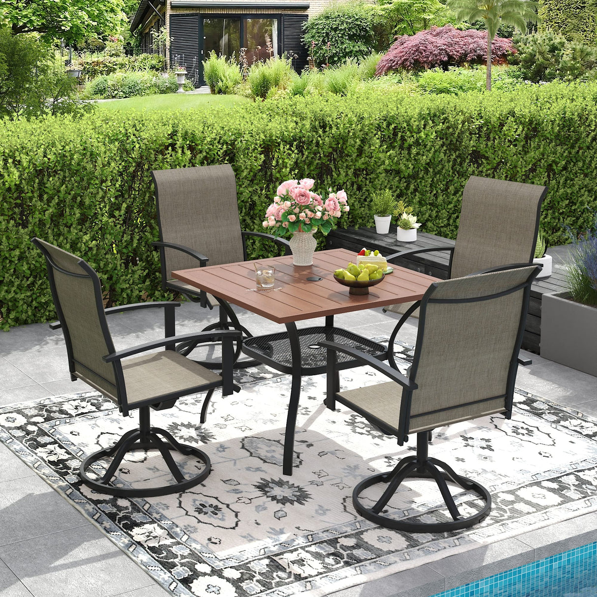 Vicllax 5 Pcs Outdoor Dining Set, Square Metal Table with Storage Shelf and 4 Swivel Chairs