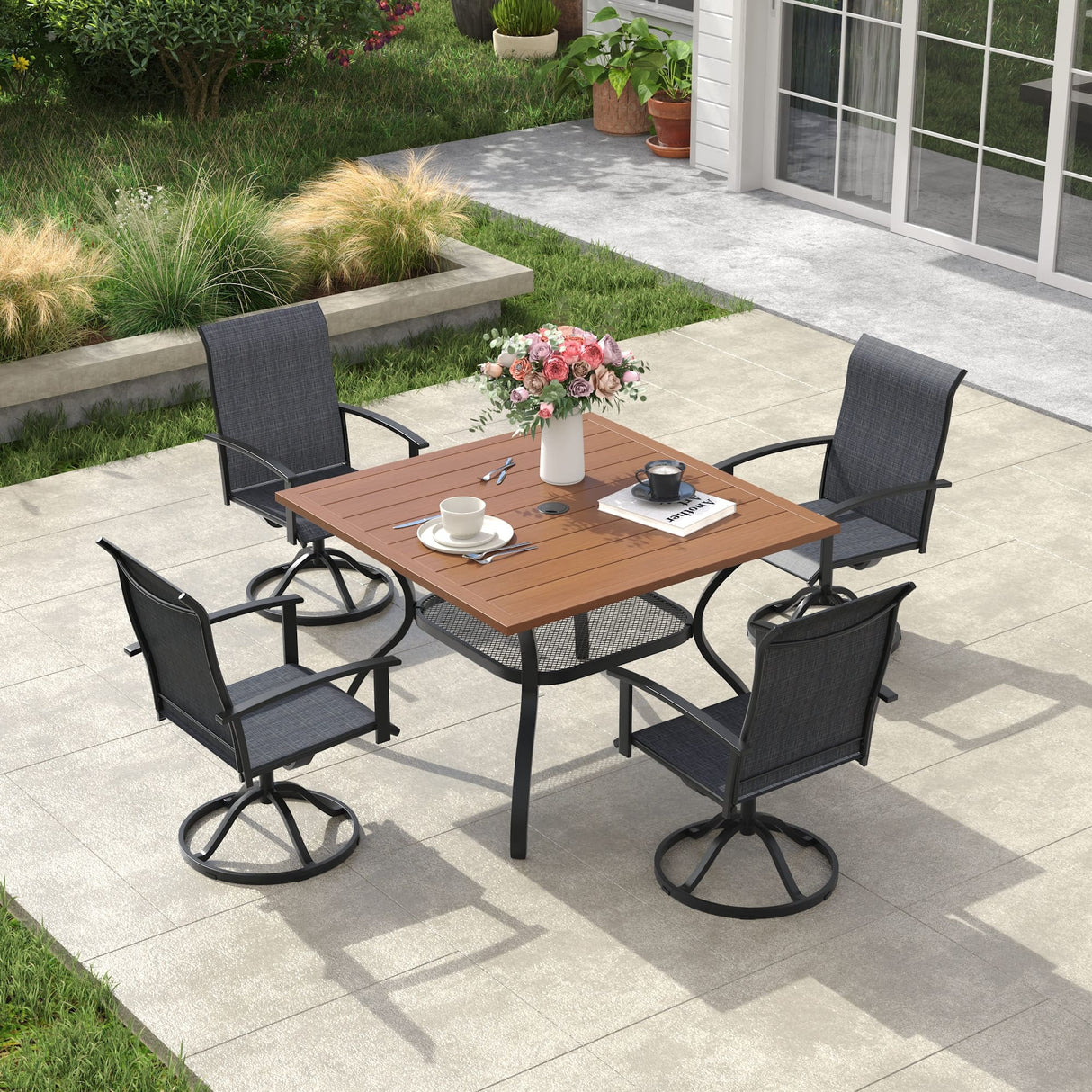 Vicllax 5 Pcs Outdoor Dining Set, Square Metal Table with Storage Shelf and 4 Swivel Chairs
