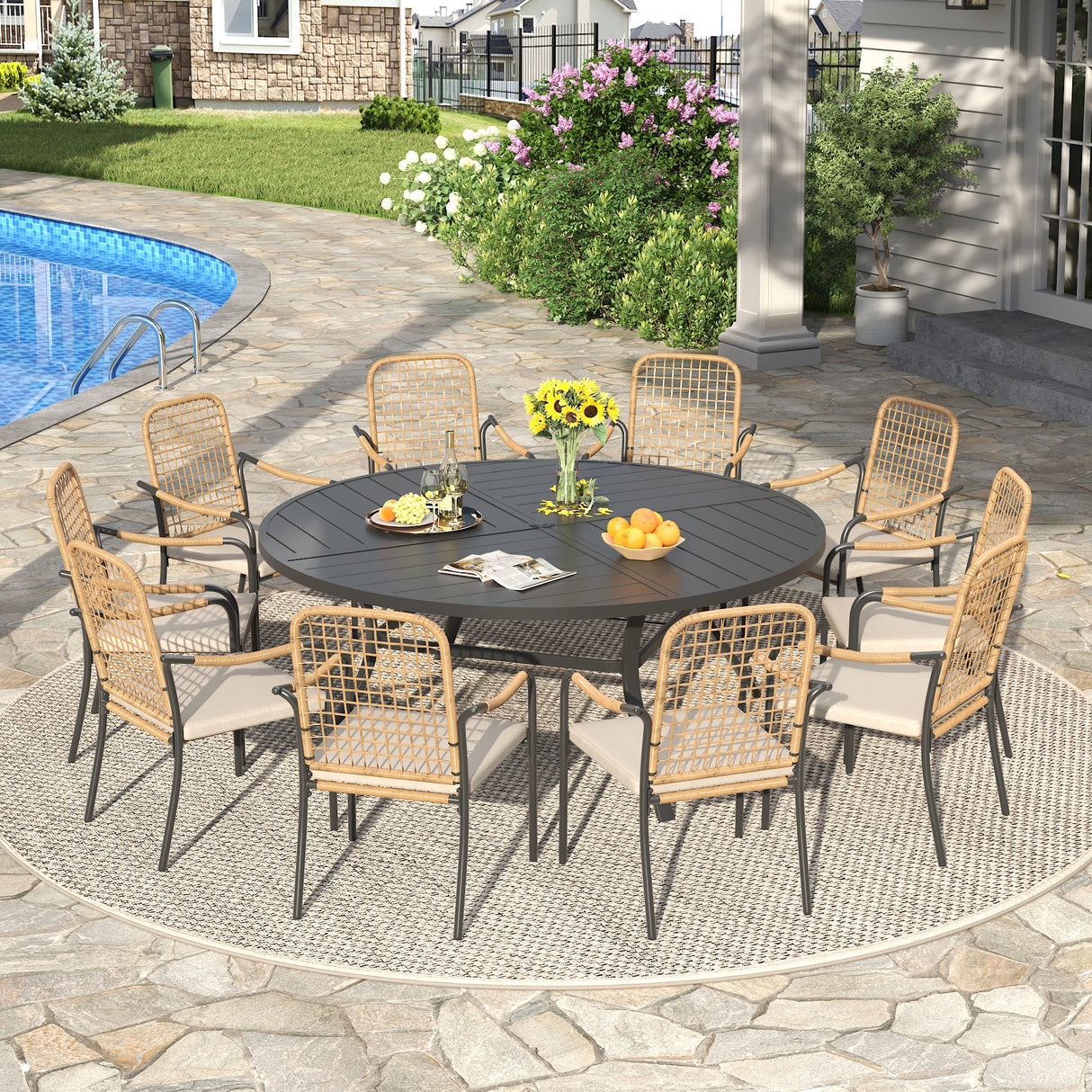 Vicllax 11 PCS Patio Dining Table Set, 63" Round Metal Table and Solana Stackable Chair