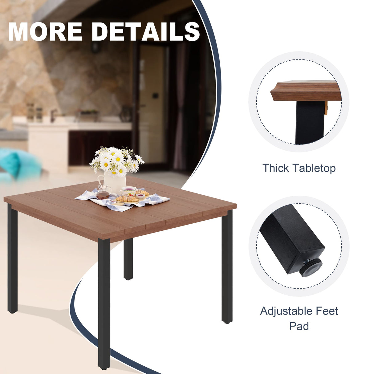 Vicllax Outdoor 40.2“ Dining Table Set of 4, Square Table with Swivel Dining