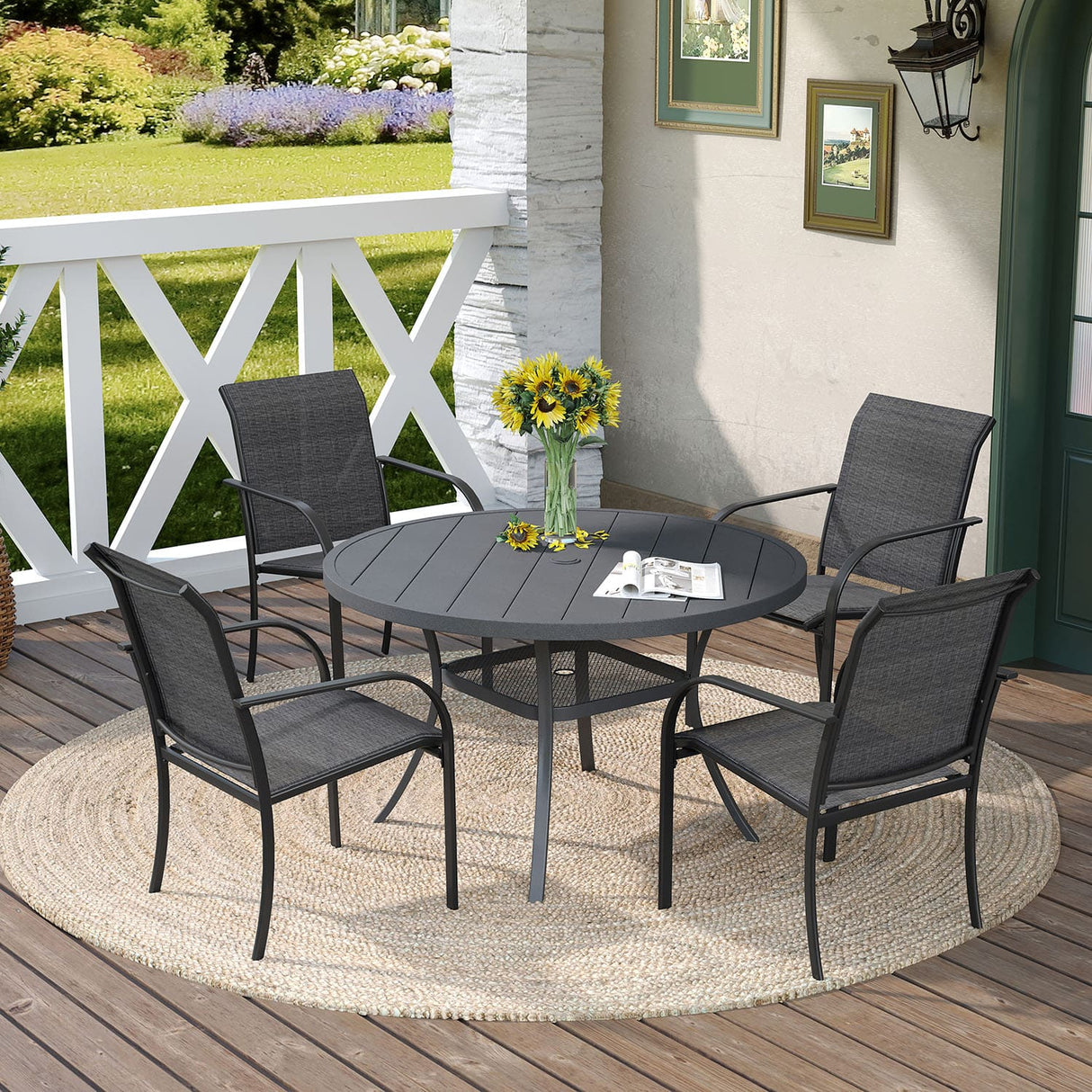 Vicllax 5/7 Pcs Outdoor Dining Set with Round Metal Table and Stackable Sling Chair