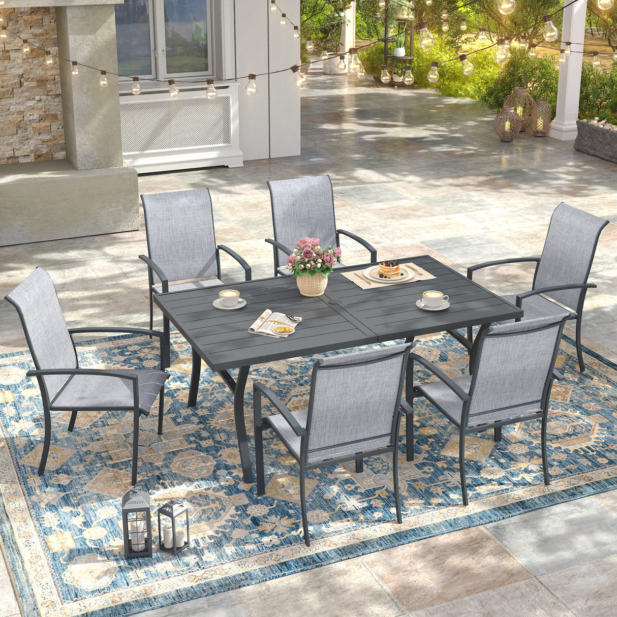 Vicllax 7 Pieces Outdoor Dining Set, Metal 63" Rectangular Table and Skyline Stackable Chair