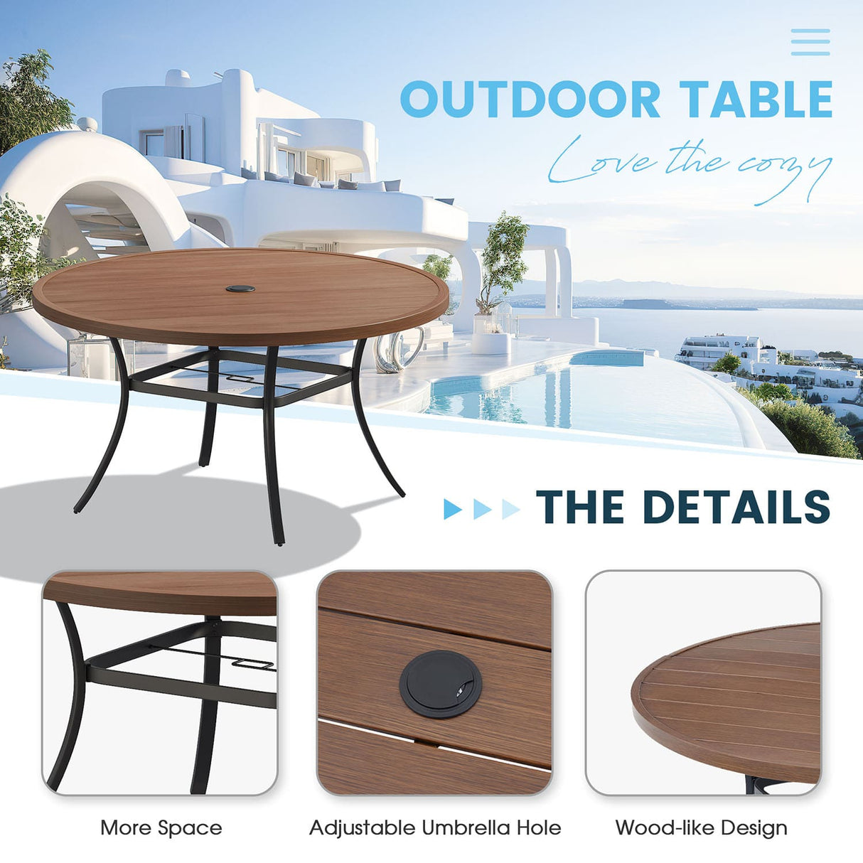 Vicllax 7-Piece Outdoor Dining Set, 50” Round Metal Table with Umbrella Hole & Solana Swivel Chair