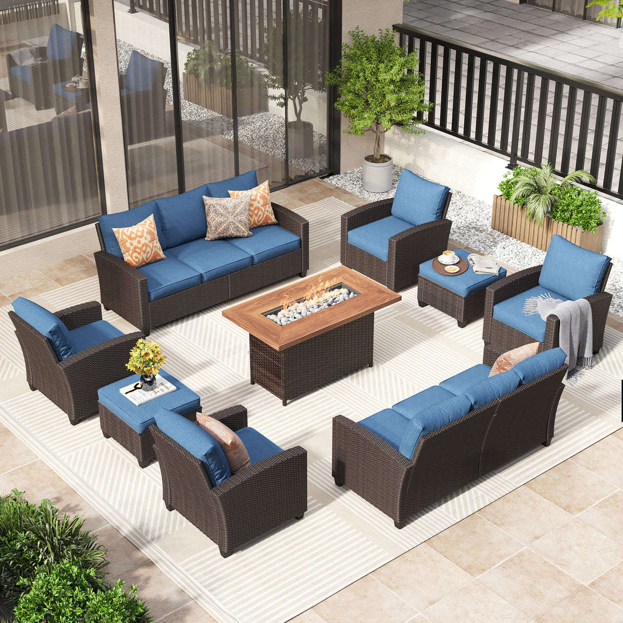 Vicllax Patio Sofa Set, Wicker Outdoor Conversation Set with Cushioned Sofa Chairs with Wicker Fire Pit