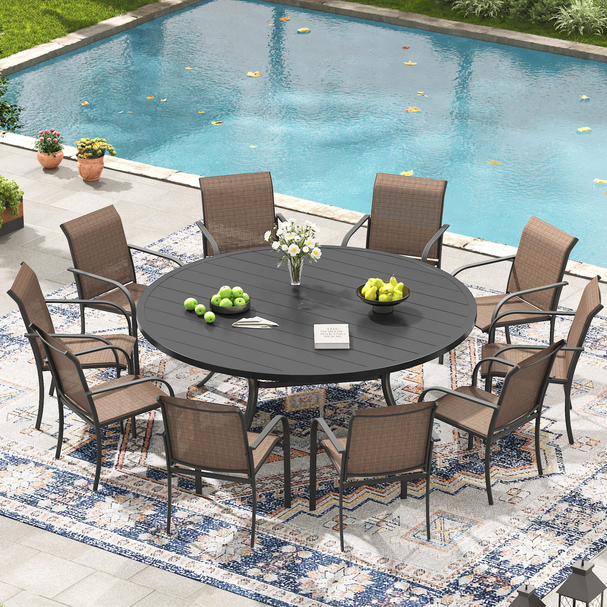 VICLLAX 11-Pcs Outdoor Dining Set, 63” Round Metal Table with Umbrella Hole & 10 Stackable Chairs