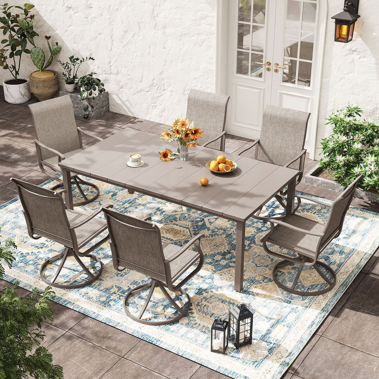 Vicllax 7 Pieces Outdoor Dining Set with Rectangular Dining Table and Swivel Chairs