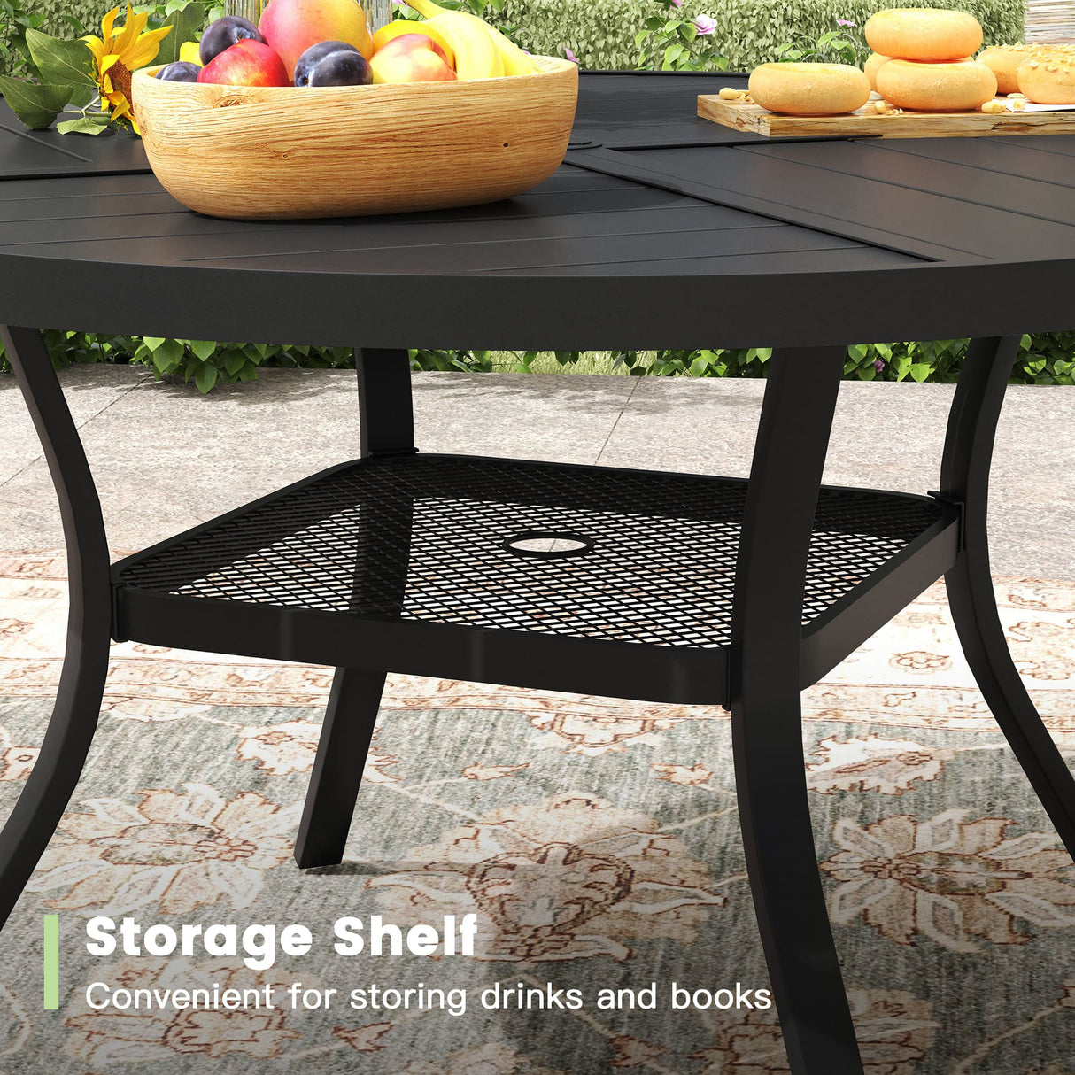 VICLLAX 5/7 PCS Patio Dining Table Set, Round Metal Table with Shelf and Stackable Sling Chair