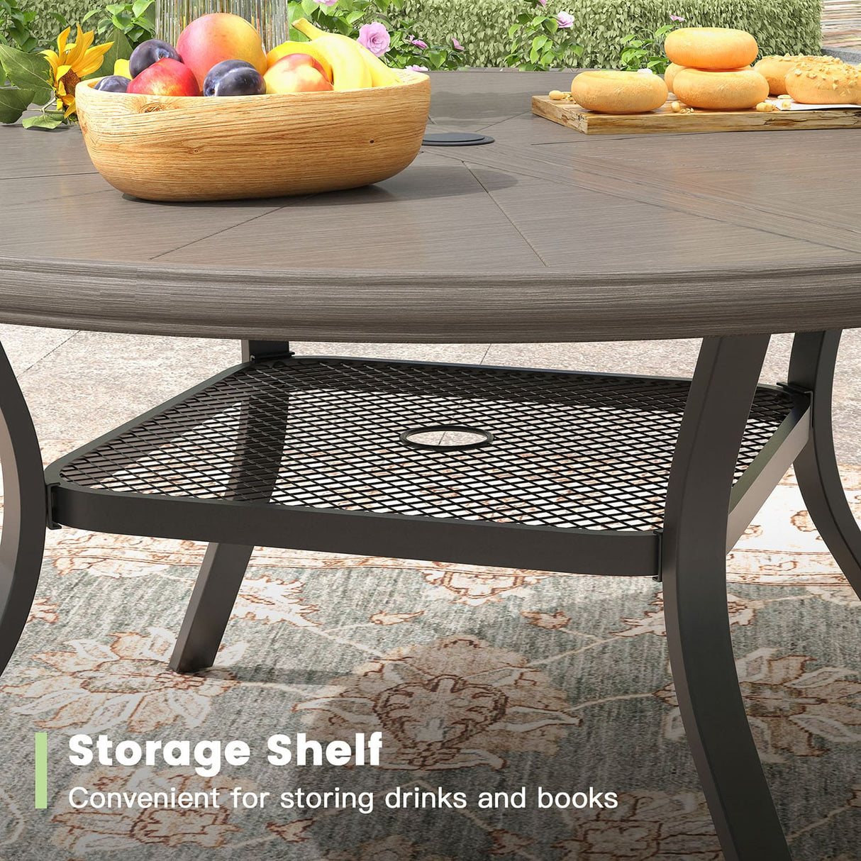 Vicllax Outdoor Round Dining Table, Patio Aluminum Tabletop with Storage Shelf