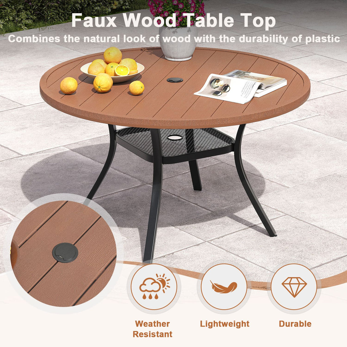 Vicllax Outdoor Plastic Top Patio Wood-Like Grain Round Dining Table for 4/6/8