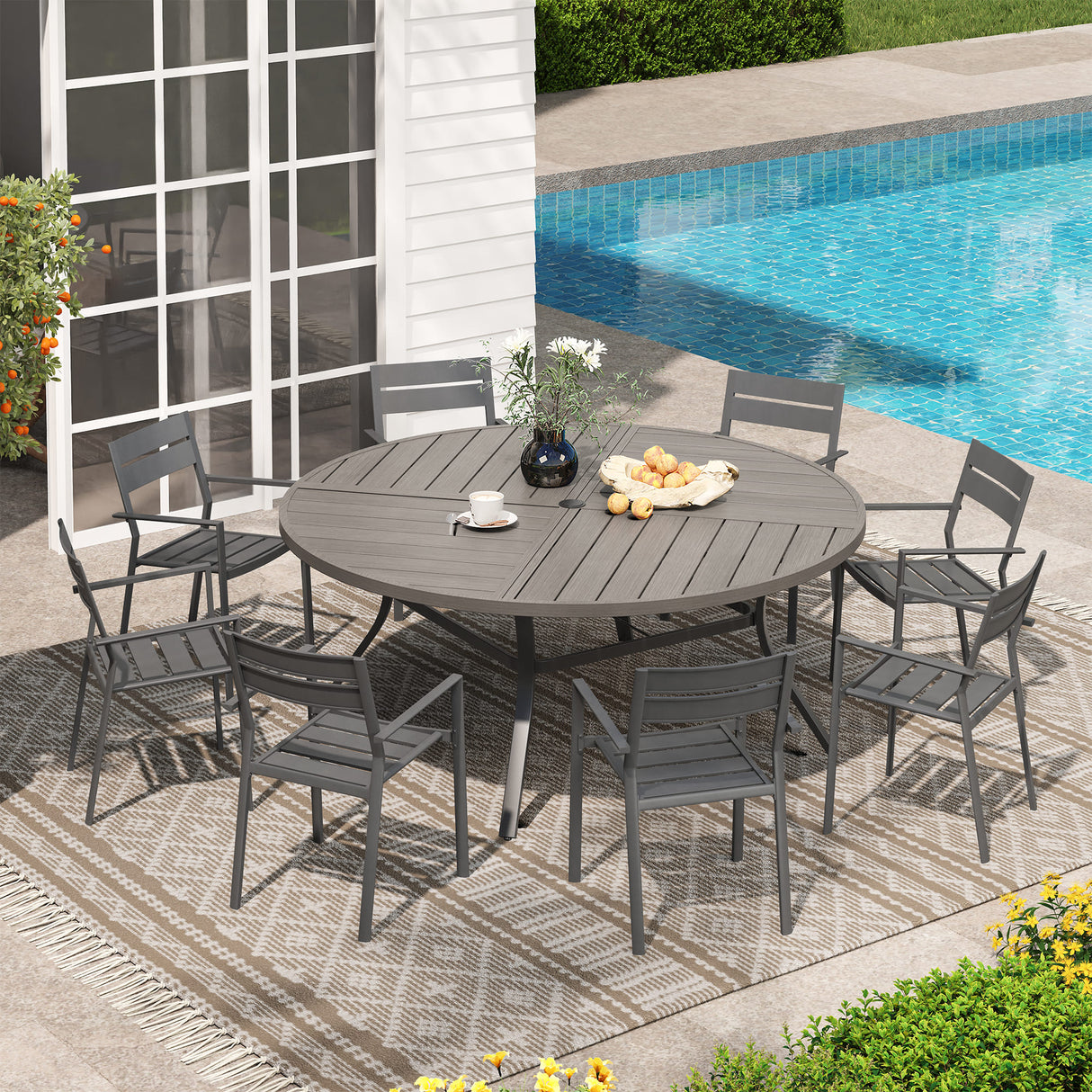 Vicllax 9 Pieces Outdoor Dining Set with 53" Round Metal Table and Armrest Chairs