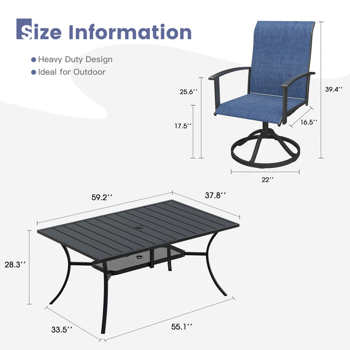 Vicllax 7 Pcs Outdoor Dining Set, Rectangular Metal Table with Storage Shelf and 6 Swivel Chairs