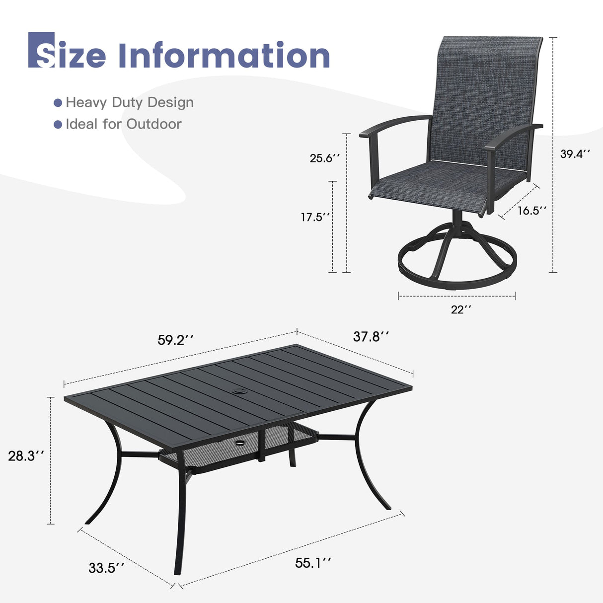 Vicllax 7 Pcs Outdoor Dining Set, Rectangular Metal Table with Storage Shelf and 6 Swivel Chairs