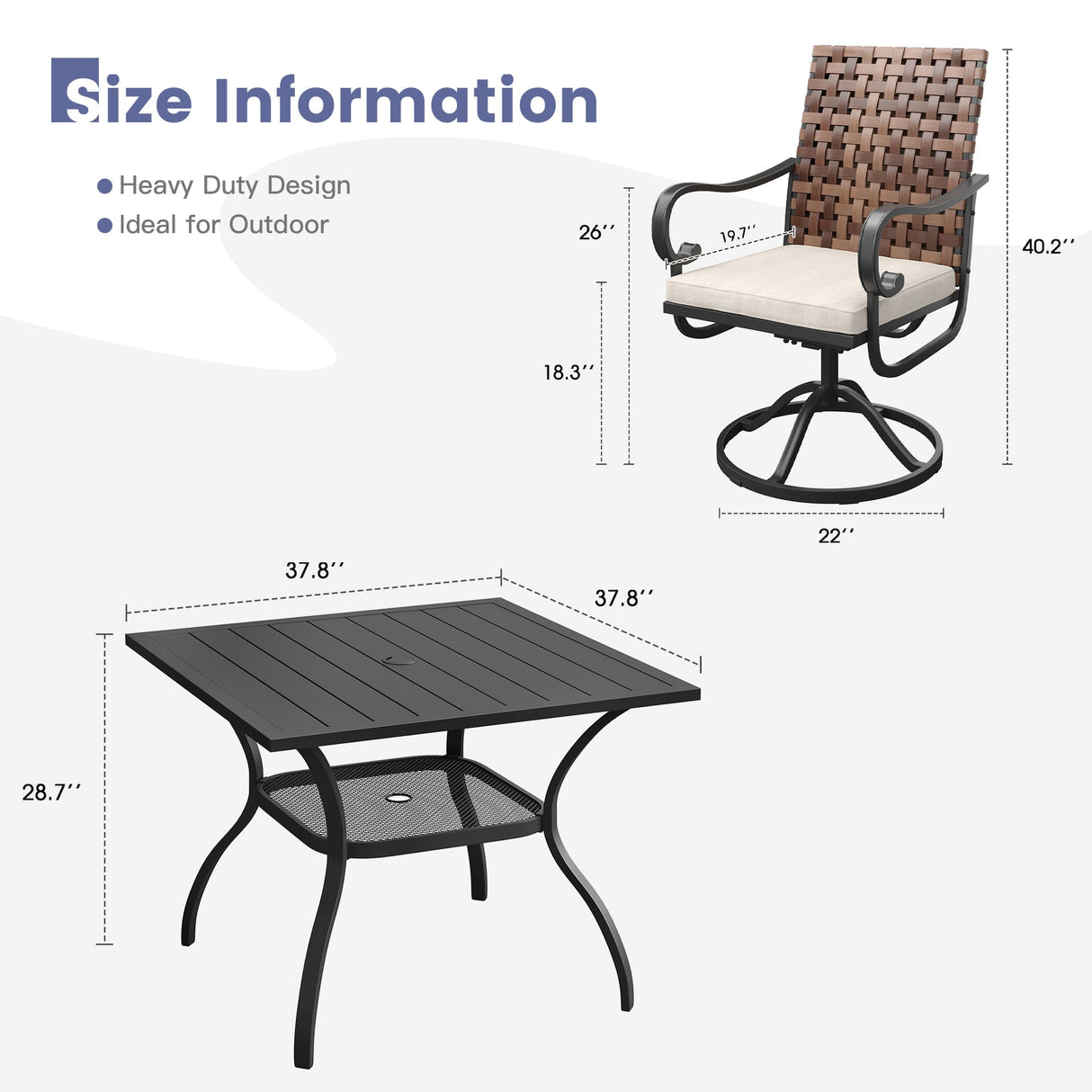 Vicllax 5 Pieces Outdoor Dining Set, 37.8"Square dining Table and Sierra Swivel Chair
