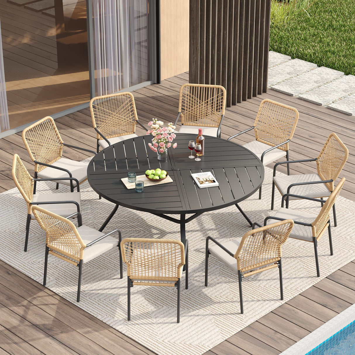 Vicllax Round Patio Dining Table for 10, 63" Outdoor Large Metal Round Table and Alora Stackable Chair