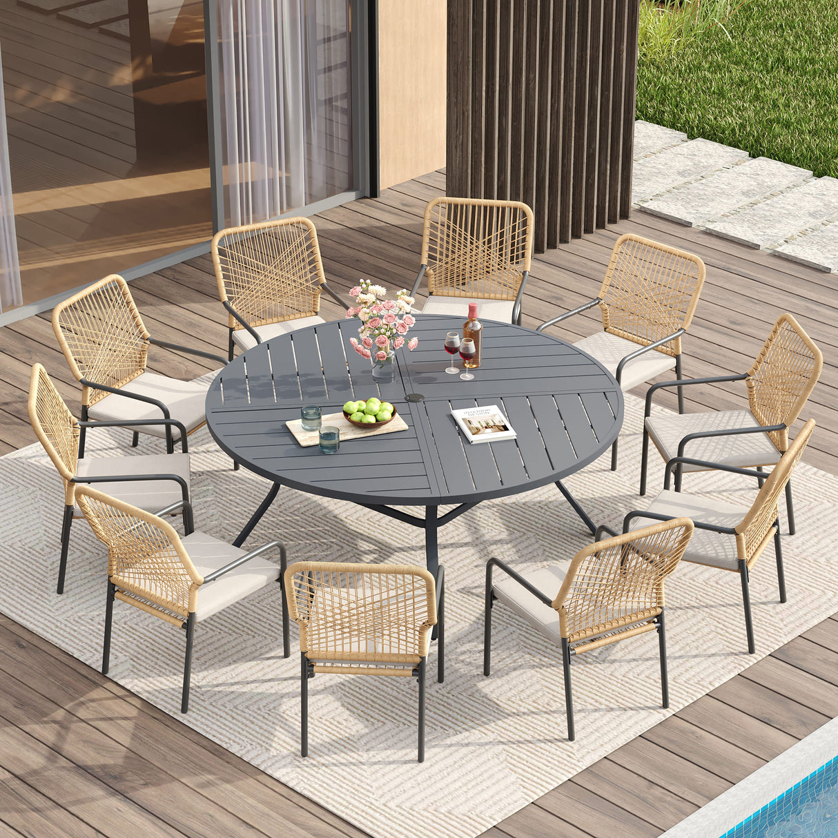 Vicllax Round Patio Dining Table for 10, 63" Outdoor Large Metal Round Table and Alora Stackable Chair