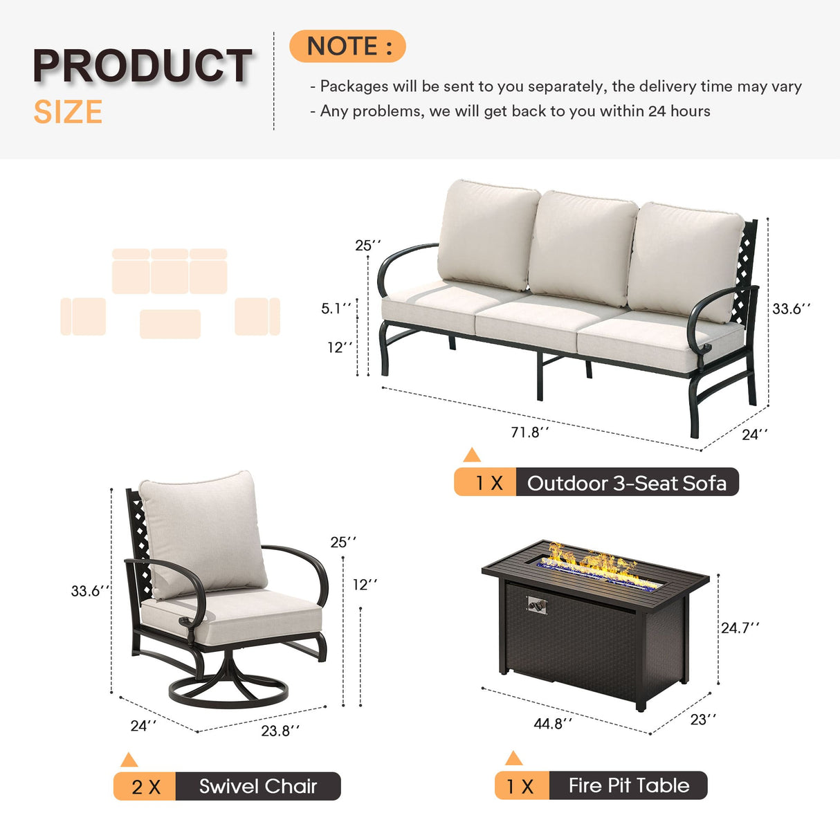 Vicllax 4-Piece Outdoor Patio Conversation Sofa Set With Metal Rectangular Fire Pit Table
