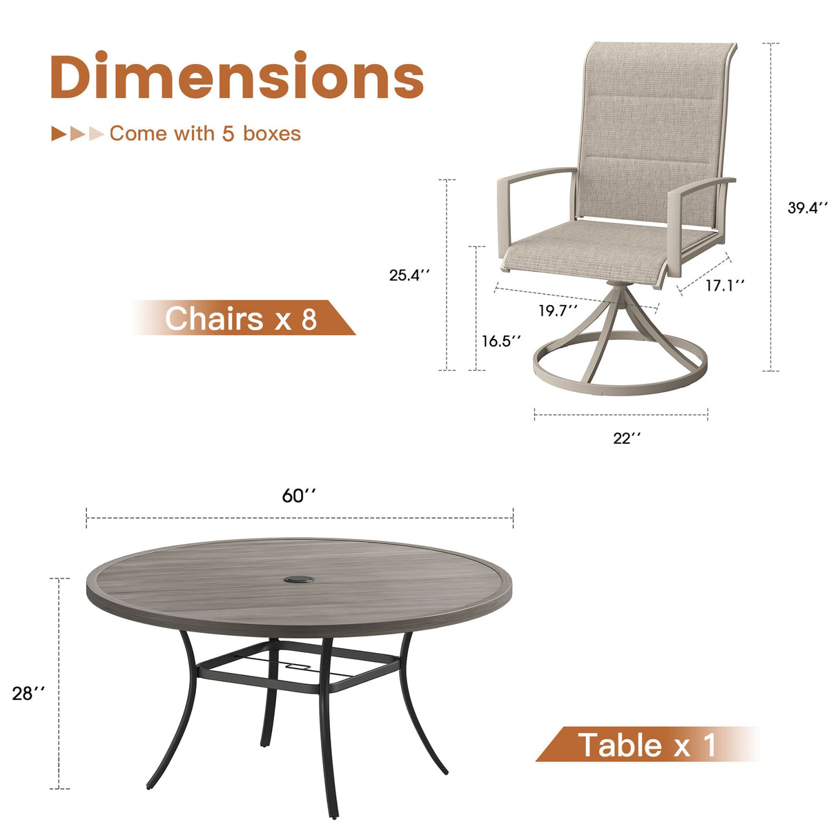 Vicllax 9 Pieces Outdoor Dining Set with 60" Round Dining Table and Padded Swivel Chairs