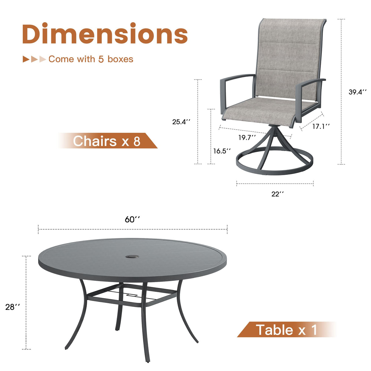 Vicllax 9 Pieces Outdoor Dining Set with 60" Round Dining Table and Padded Swivel Chairs