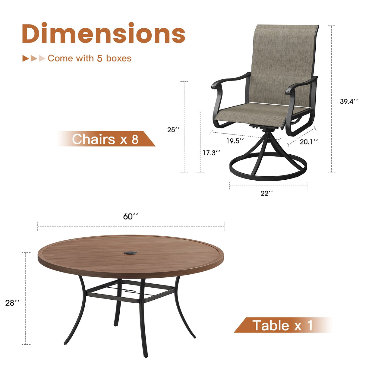 Vicllax 9 Pieces Outdoor Dining Set with 60" Round Dining Table and Premium Swivel Chairs