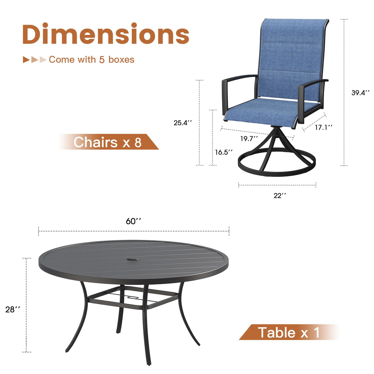 Vicllax 9 Pieces Outdoor Dining Set with 60" Round Dining Table and Padded Swivel Chairs