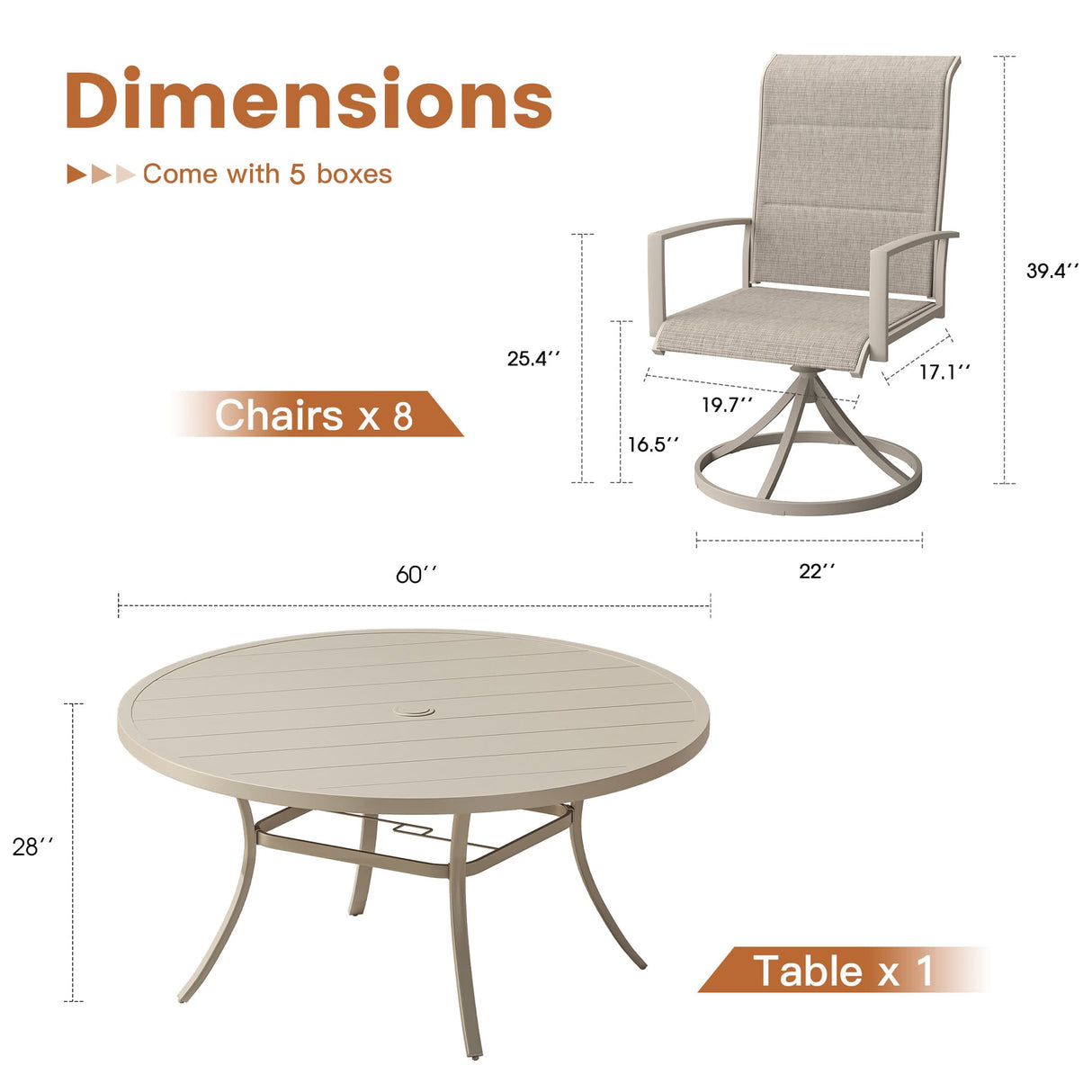 Vicllax 9 Pieces Outdoor Dining Set with 60" Round Dining Table and Padded Swivel Chairs