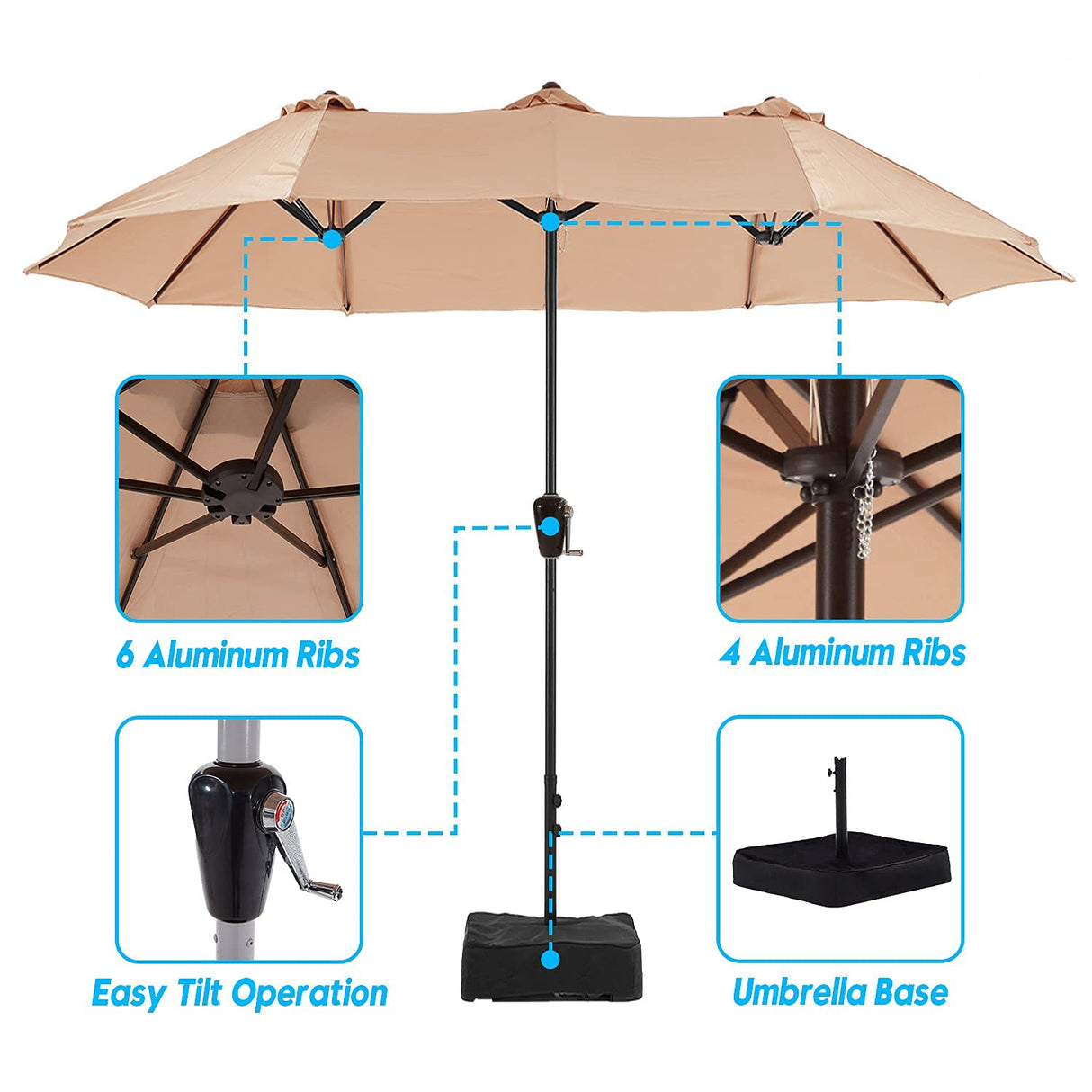 Vicllax 15ft Patio Double Sided Market Umbrella with Stand and Base, Outdoor Umbrella with Crank