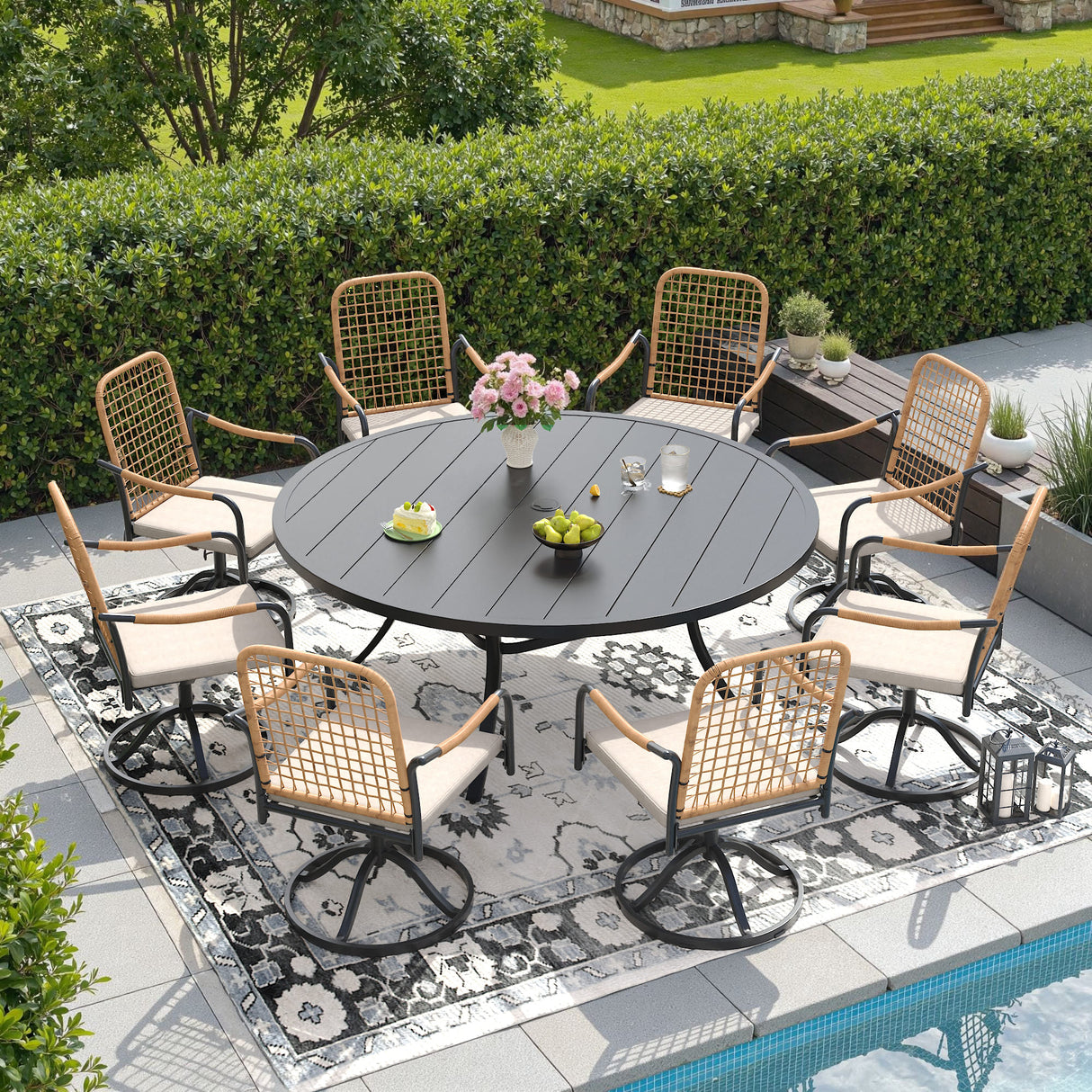 Vicllax 9-Piece Outdoor Dining Set, 60” Round Metal Table with Umbrella Hole & 8 Swivel Rope-woven Chair