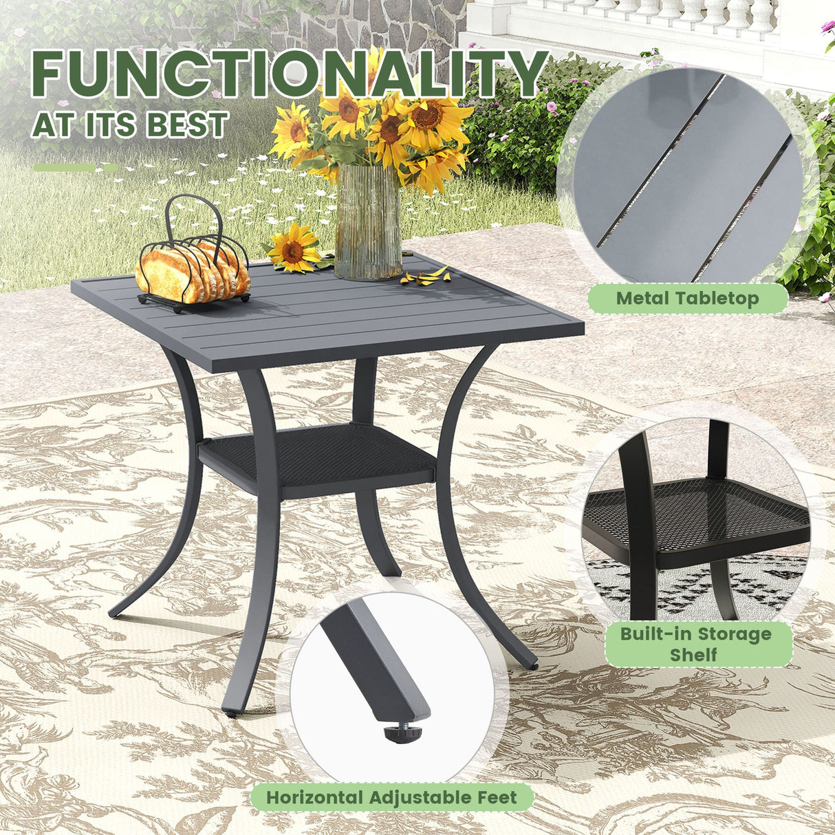 Vicllax 3 Pcs Outdoor Dining Set, 27.6" Square Bar Table and 2 Swivel Chairs