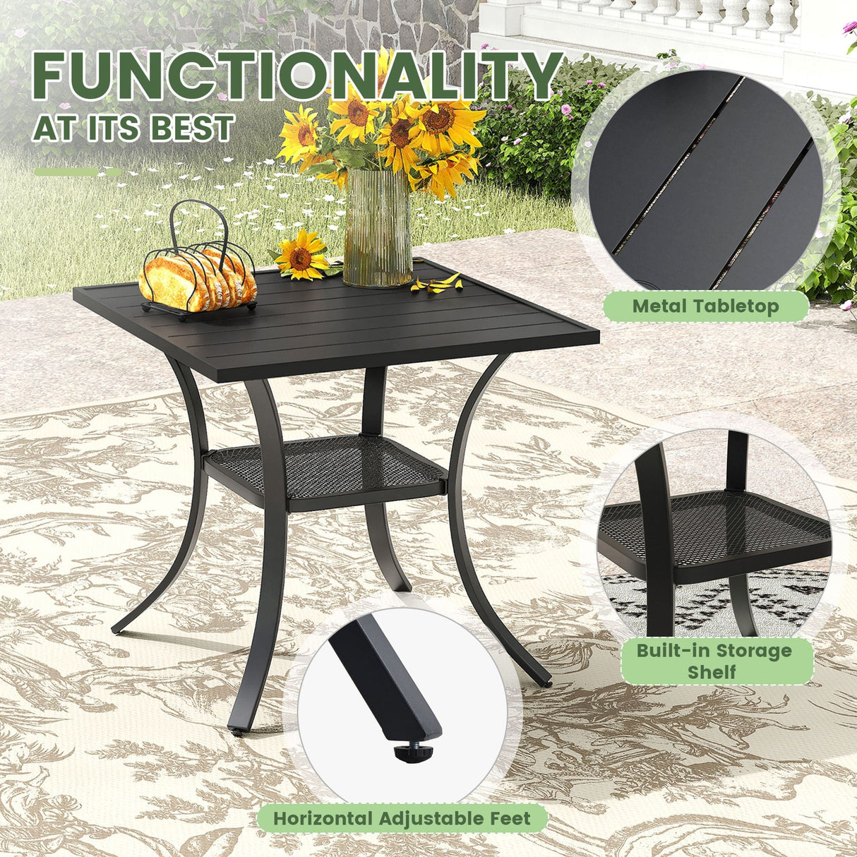 Vicllax 3 Pcs Outdoor Dining Set, 27.6" Square Bar Table and 2 Swivel Chairs