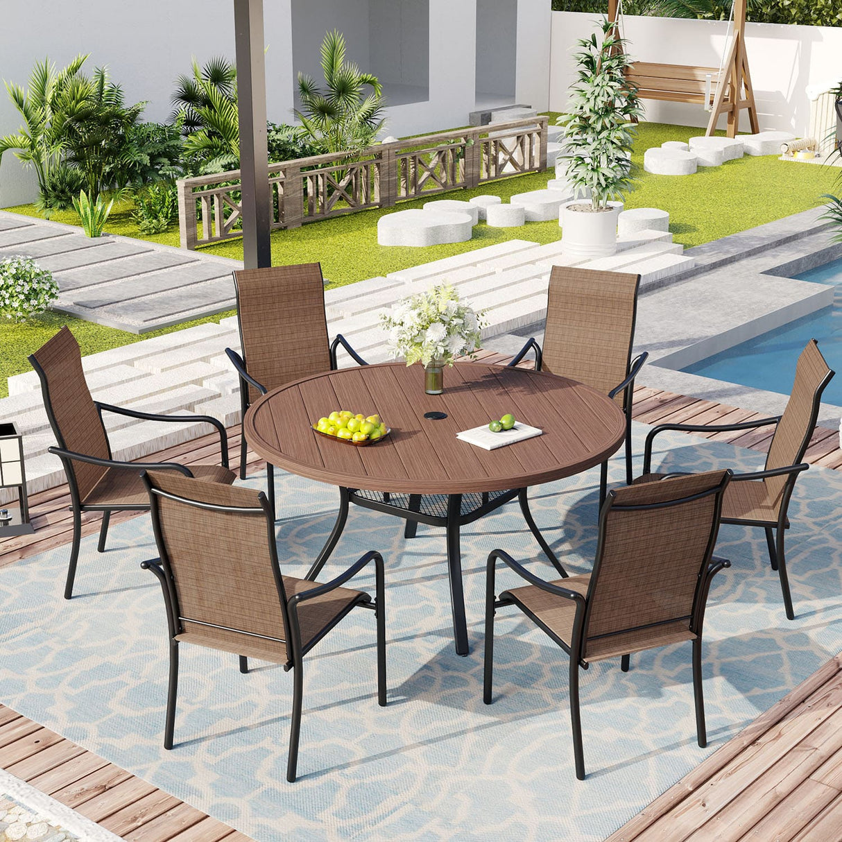 Vicllax 5 Pcs Outdoor Dining Set with 40.6" Round Metal Table and High Back Stackable Chair