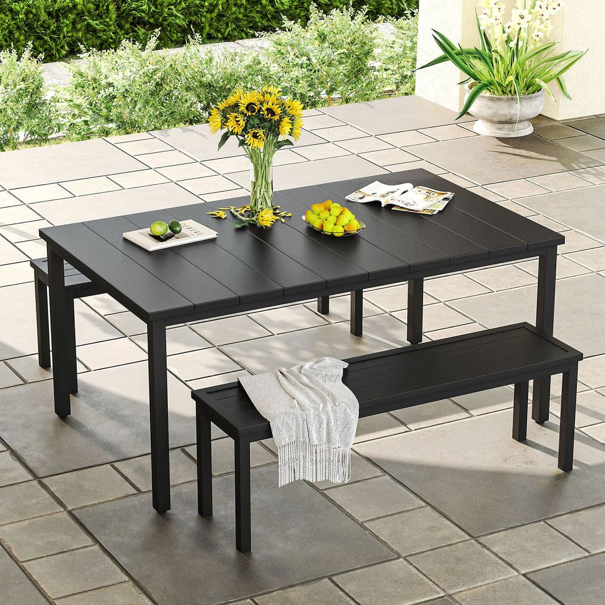 Vicllax 3-Piece Rectangular Metal Outdoor Dining Table and Bench Set