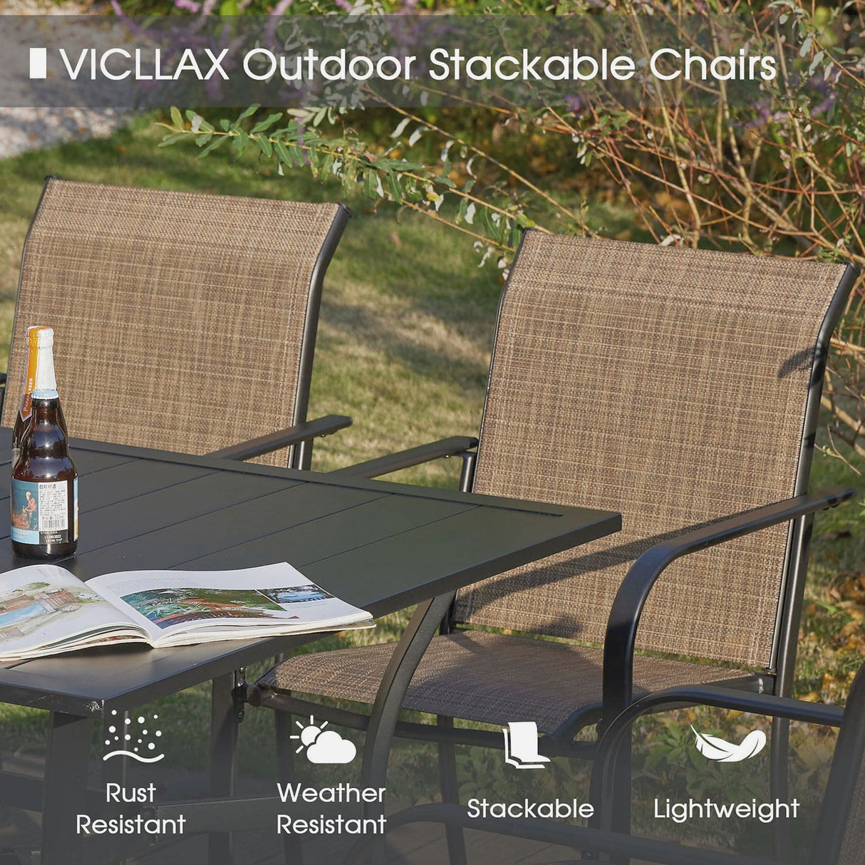 Vicllax 7 Pieces Outdoor Dining Set with Curved Dining Table and Stackable Sling Chair