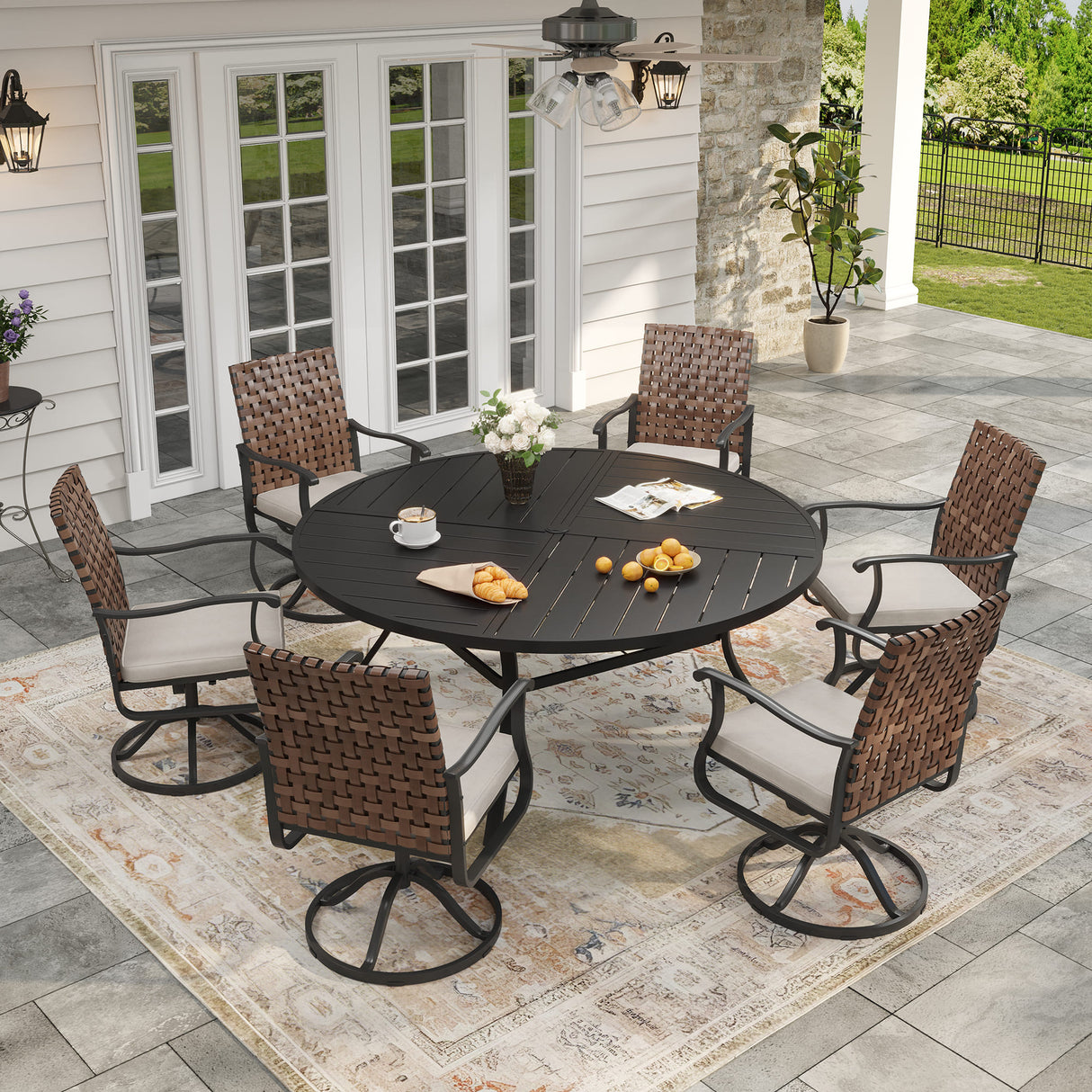 Vicllax 7 PCS Patio Dining Table Set, 50"/ 53" Round Metal Table and Sienna Swivel Chairs