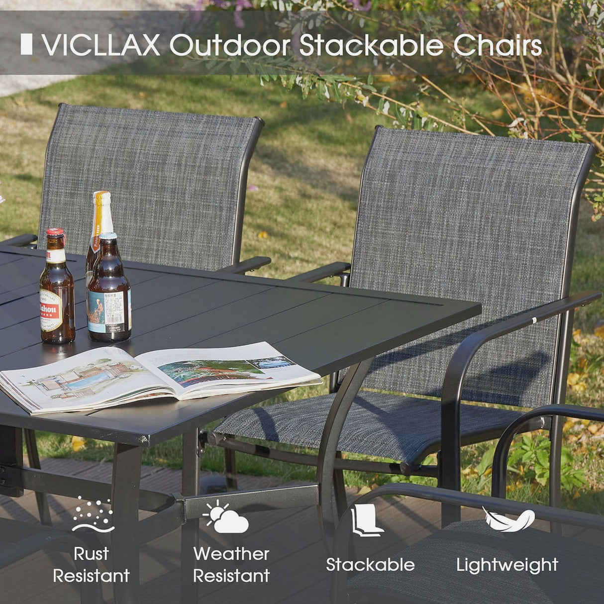 Vicllax 7 Pieces Outdoor Dining Set with Curved Dining Table and Stackable Sling Chair